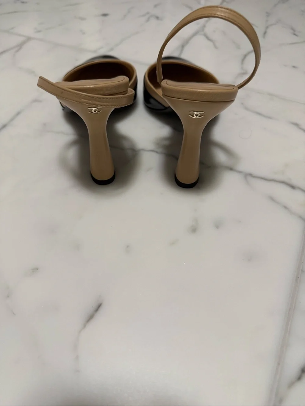 CHANEL Black and Tan Patent Leather Slingback Heels 2026